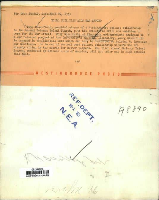 1943 Press Photo Paul Cransfield Winner of Westinghouse Science Scholarship