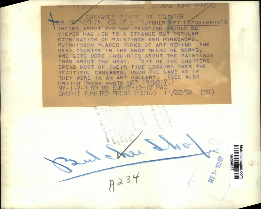 1952 Press Photo Butcher Art Hutchinson Also Painter