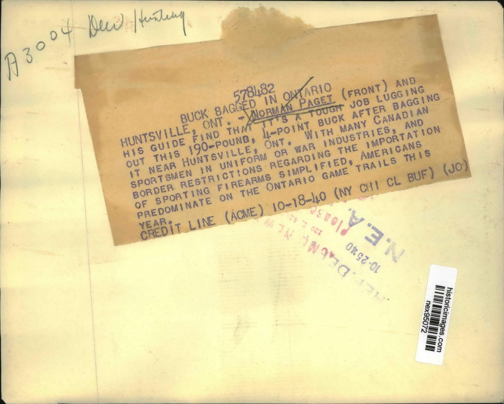 1940 Press Photo Norman Paget with 4 Point Buck After Hunting Huntsville Ontario