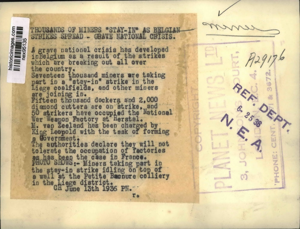 1936 Press Photo Thousands of Miners Stay In As Belgian Strikes Spread