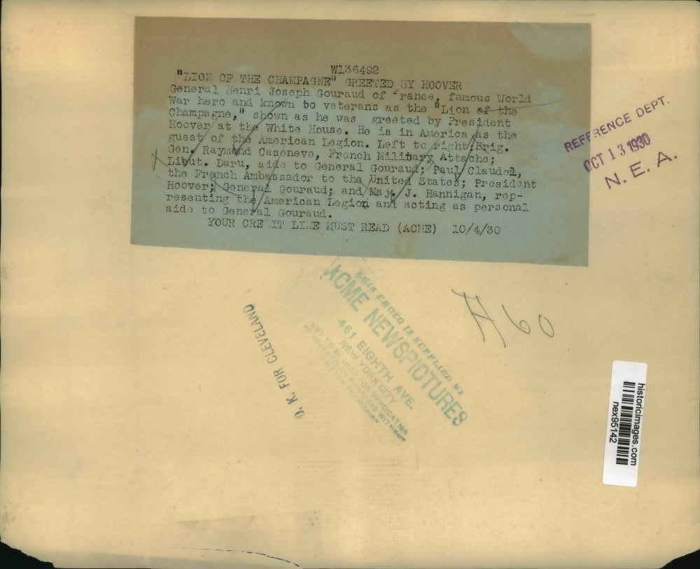 1930 Press Photo General Henri Joseph Gouraud Greeted by President Hoover