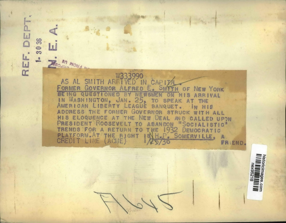 1936 Press Photo Former Governor Alfred Smith of NY with Newsman in Washington