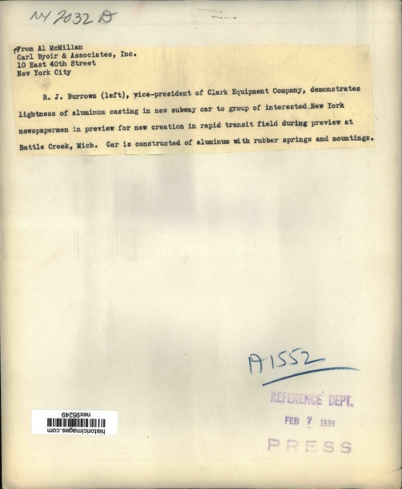 1939 Press Photo RJ Burrows VP of Clark Equipment Comp & Aluminum Casting