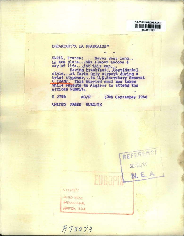 1968 Press Photo UN Secretary General U Thant in Algiers at African Summit