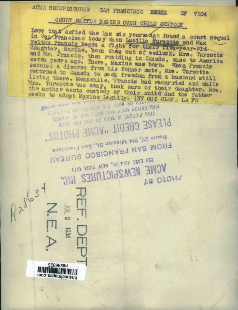 1934 Press Photo Lucille Turcotte Seeks Custody of Daughter from Max W Francis