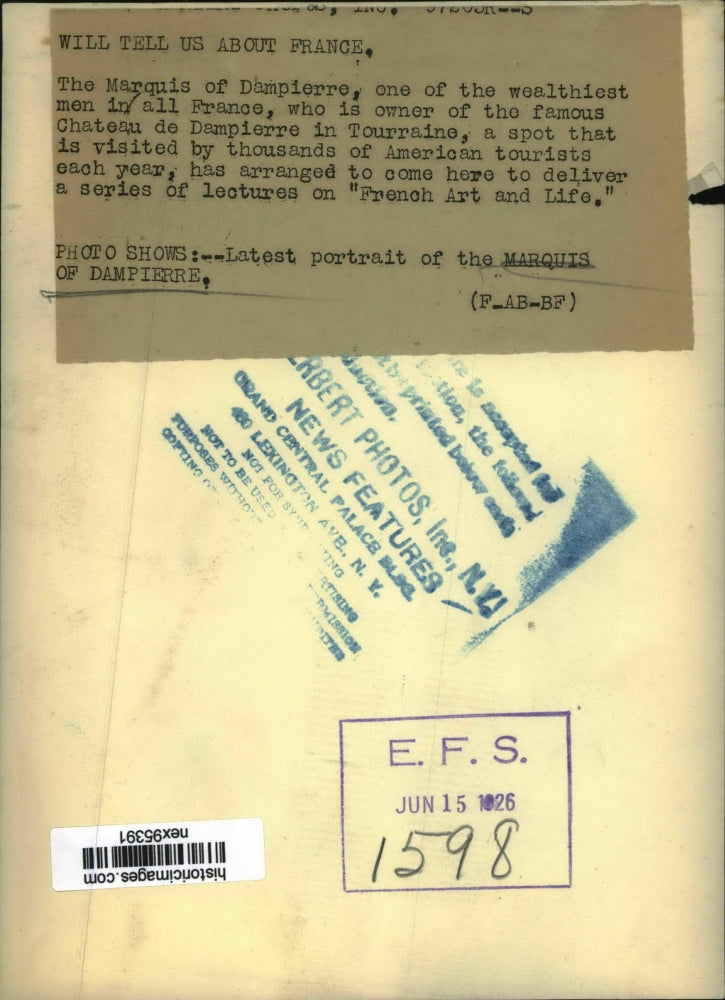 1926 Press Photo Marquis of Dampierre One of Wealthiest Men in All of France