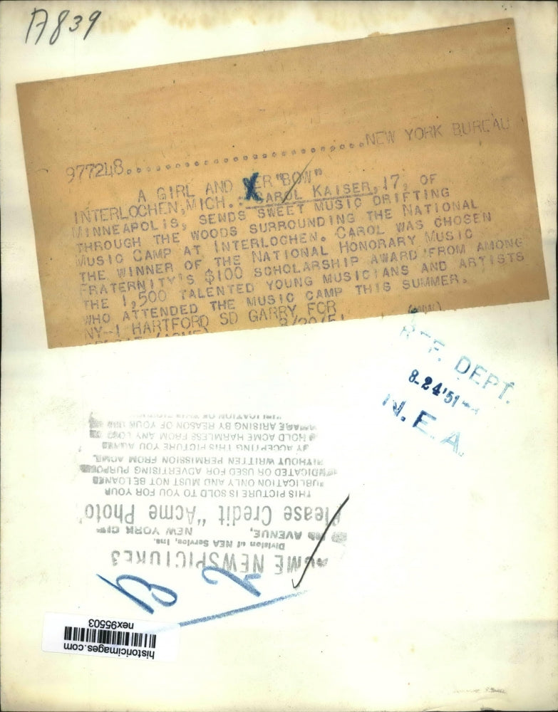 1951 Press Photo Carol Kaiser National Music Camp Winner of Honorary Music Frate