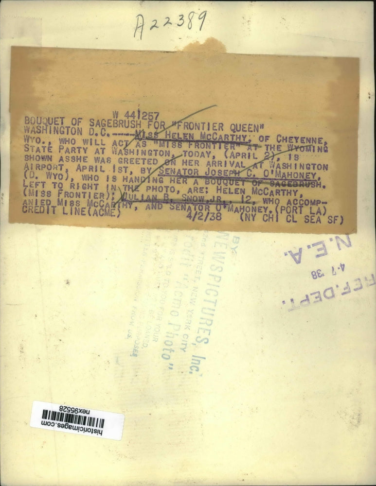 1938 Press Photo Helen McCarthy is Miss Frontier & Senator O'Mahoney