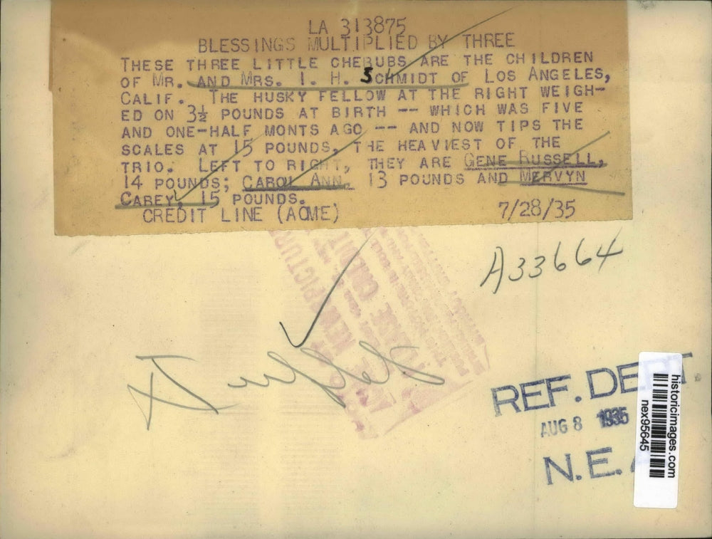 1935 Press Photo Triplets Born to Mr & Mrs IH Schmidt Gene, Carol Ann & Mervyn