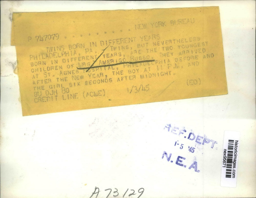 1945 Press Photo Mrs Amerigo Russo Gave Birth to Twins at St Agnes Hospital