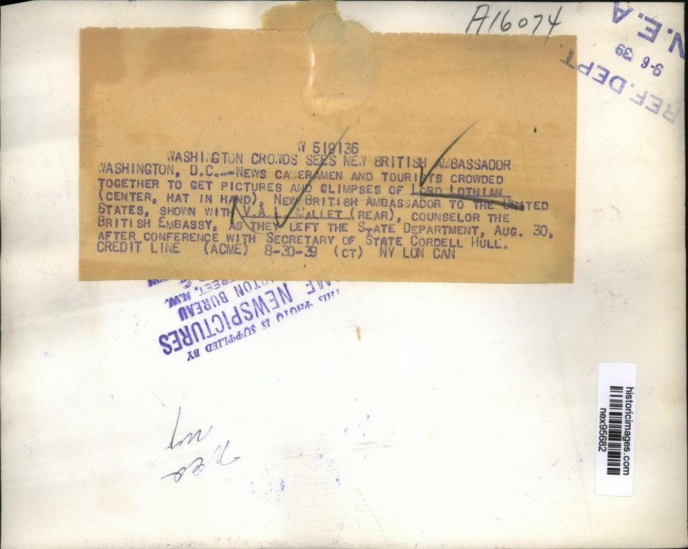 1939 Press Photo Lord Lothian British Ambassador to US & VA Mallet Counselor