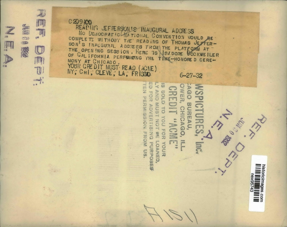 1932 Press Photo Isadore Dockweiler Reads Thomas Jefferson Inaugural Address