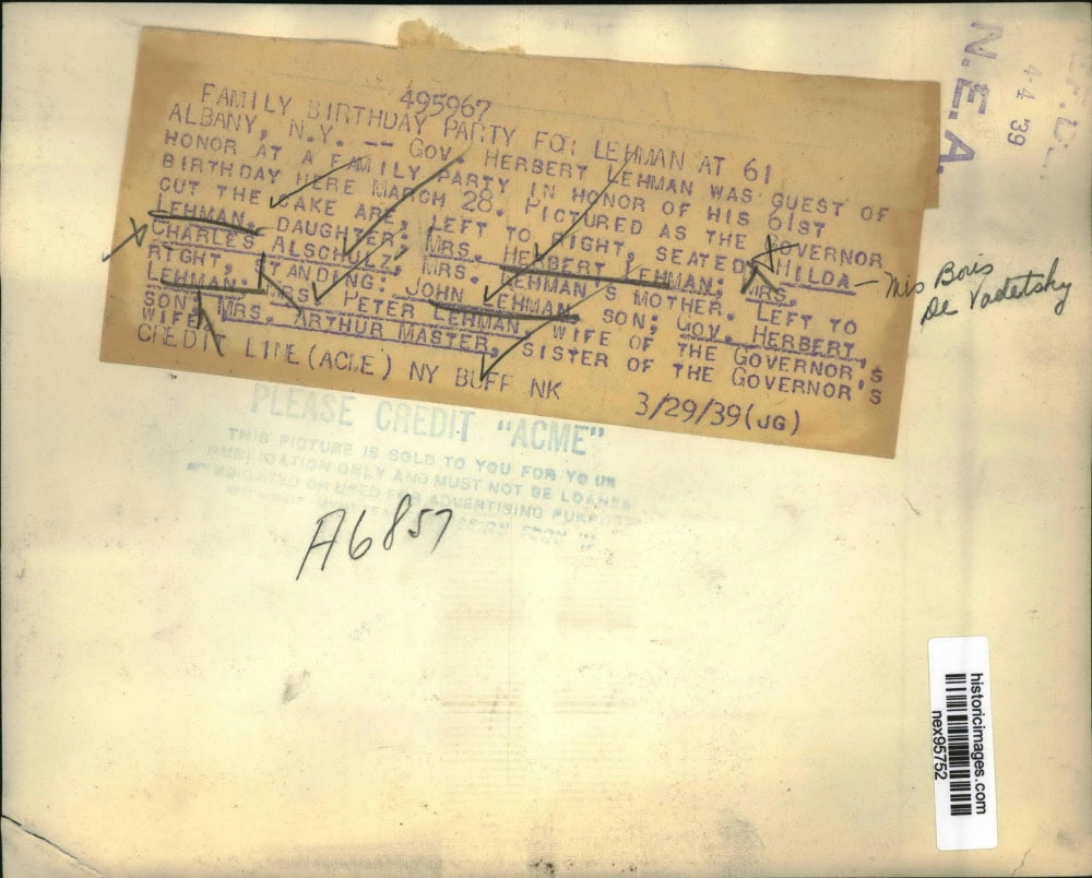 1939 Press Photo Governor Herbert Lehman Birthday Mrs C Alschulz John Lehman
