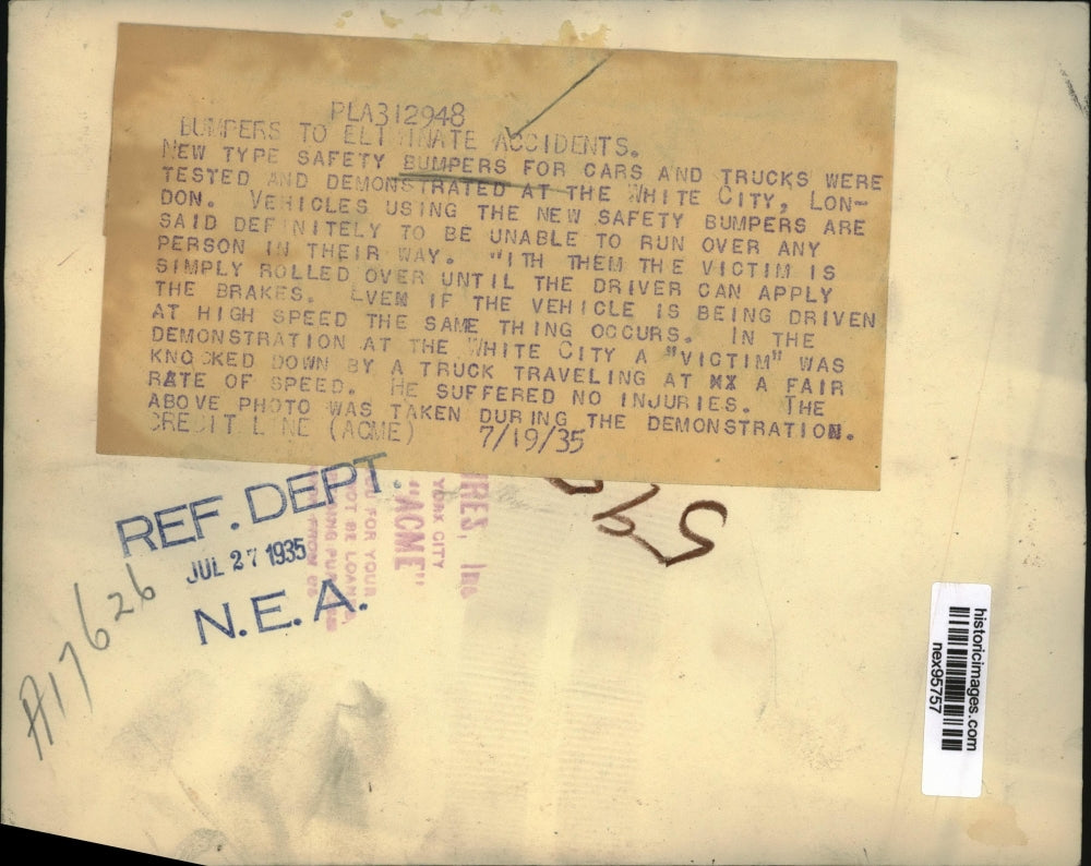 1935 Press Photo New Safety Bumpers for Vehicles Tested at White City London