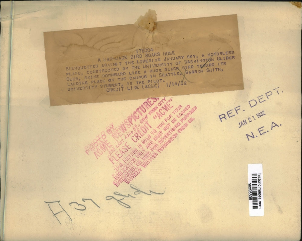 1932 Press Photo Motorless Plane Constructed by University of Washington Student