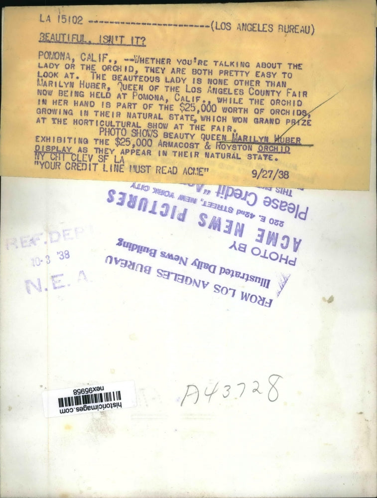 1938 Press Photo Marilyn Huber Queen of Los Angeles County Fair