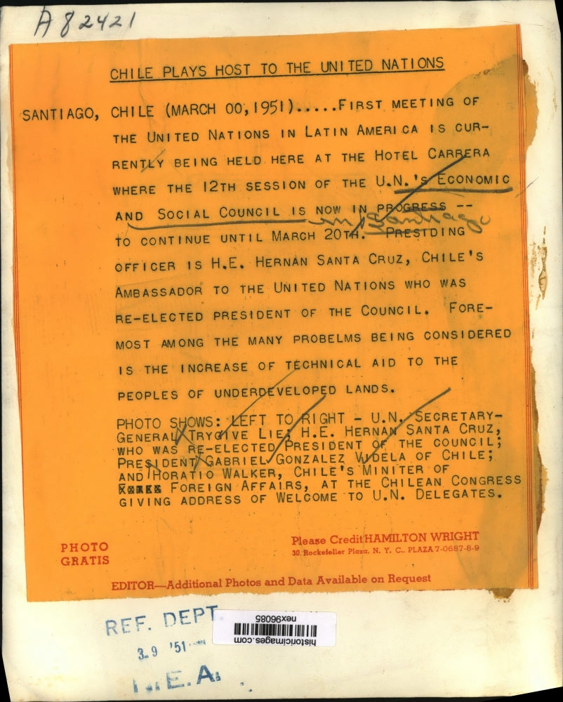 1951 Press Photo UN Economic & Social Counsel Hernana Santa Crus Chile Ambassado