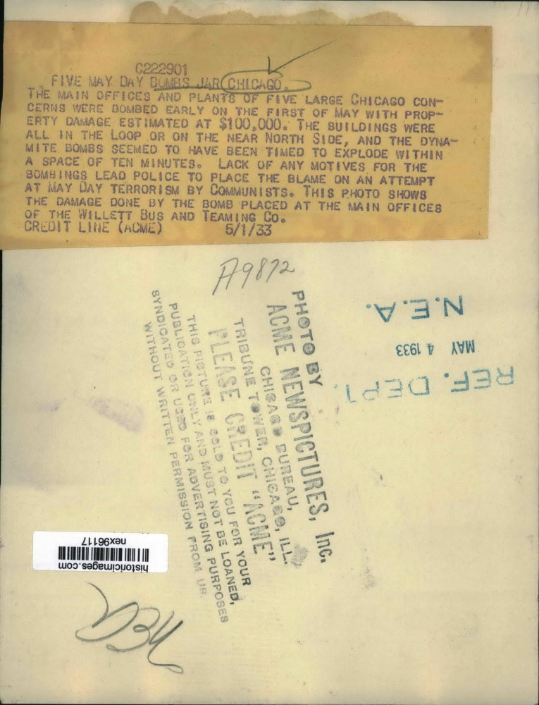 1933 Press Photo 5 May Day Bombs in Chicago Offices Damages Over $100,000