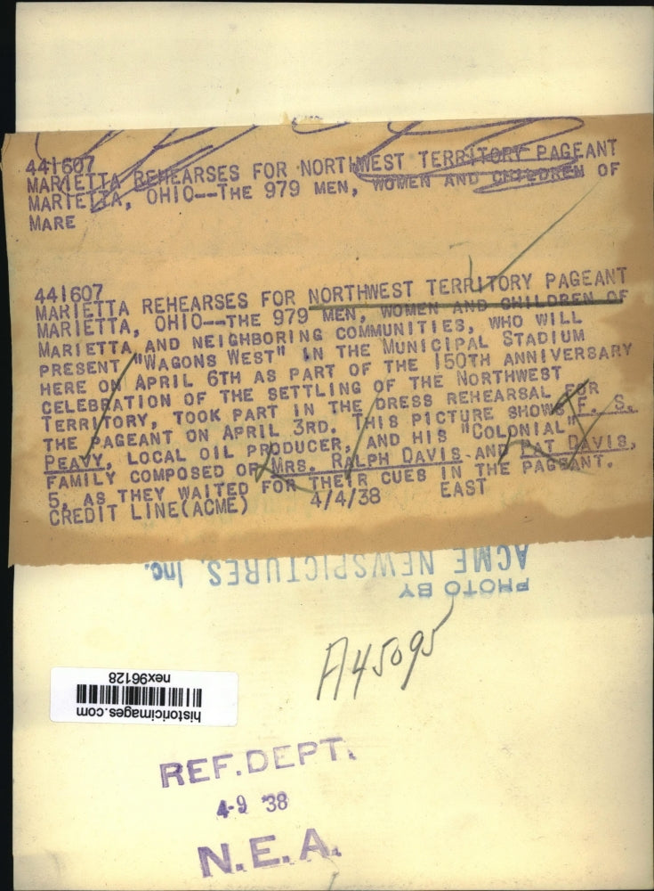 1938 Press Photo Marietta Residents Rehearse for Northwest Territory Pageant