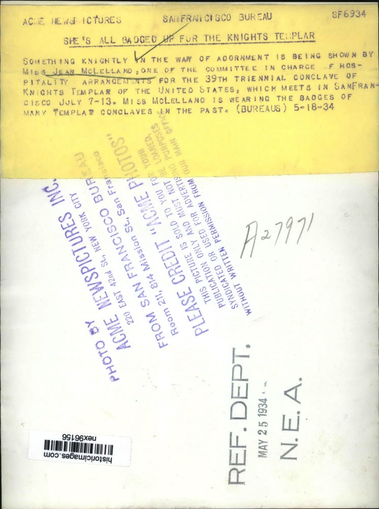 1934 Press Photo Jean McLelland of Committee for 39th Conclave Knights Temple