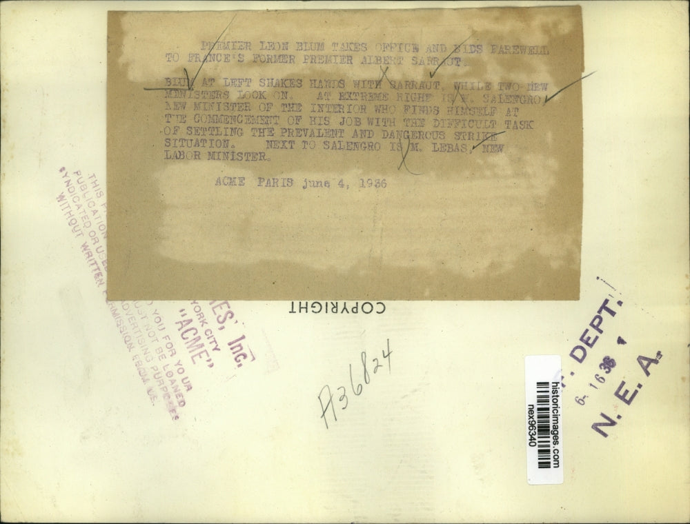 1936 Press Photo Premier Leon Blum Takes Office in France A Sarraut R Salengro