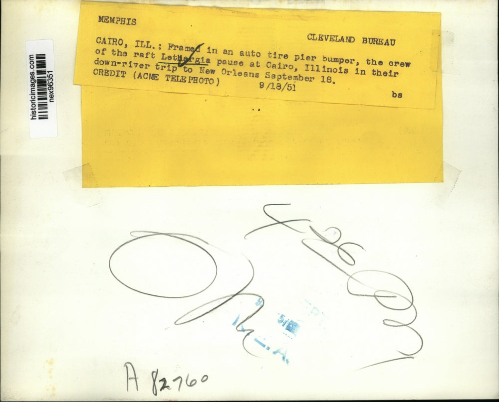 1951 Press Photo Crew of Raft Lettergia with Auto Tire Pier Bumper