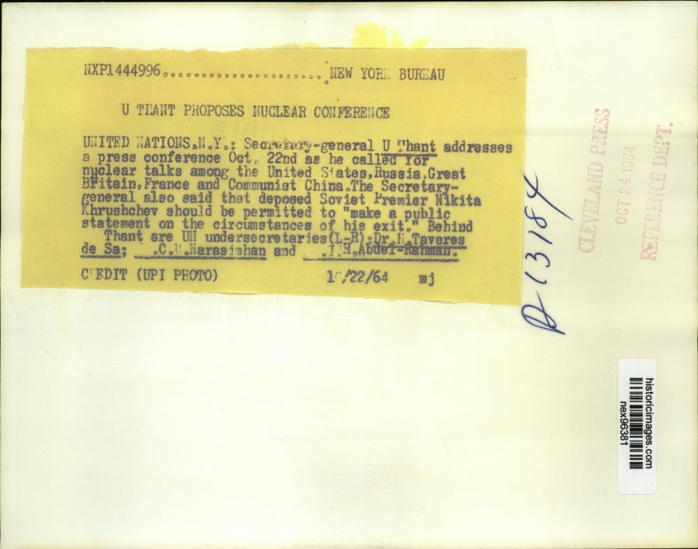 1969 Press Photo United Nations Secretary General U Thant Calls for Nuclear Talk