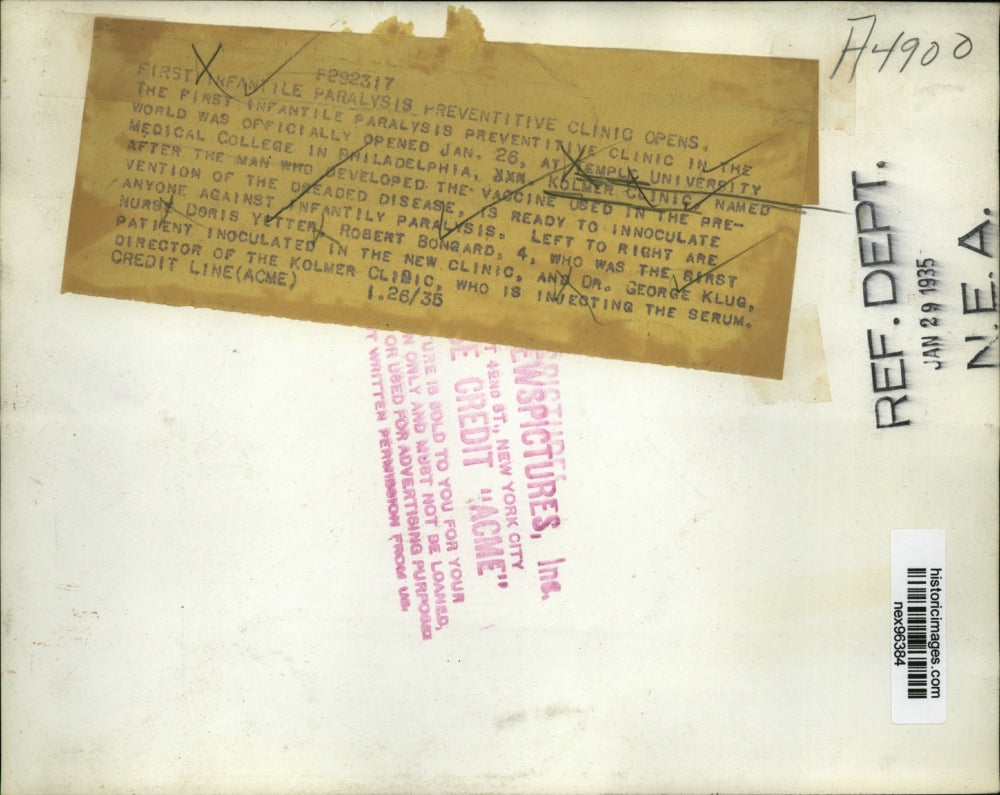 1935 Press Photo Temple Univ Kolmer Polio Clinic D Yetter Robert Bongard Dr Klug