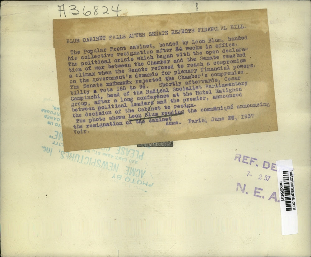 1937 Press Photo Leon Blum Cabinet Resigns After Senate Rejects Bill in Paris