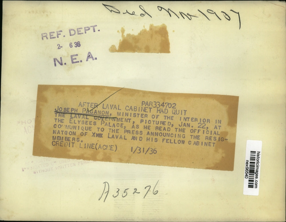 1936 Press Photo Joseph Paganon Minister of Interior of Laval Government