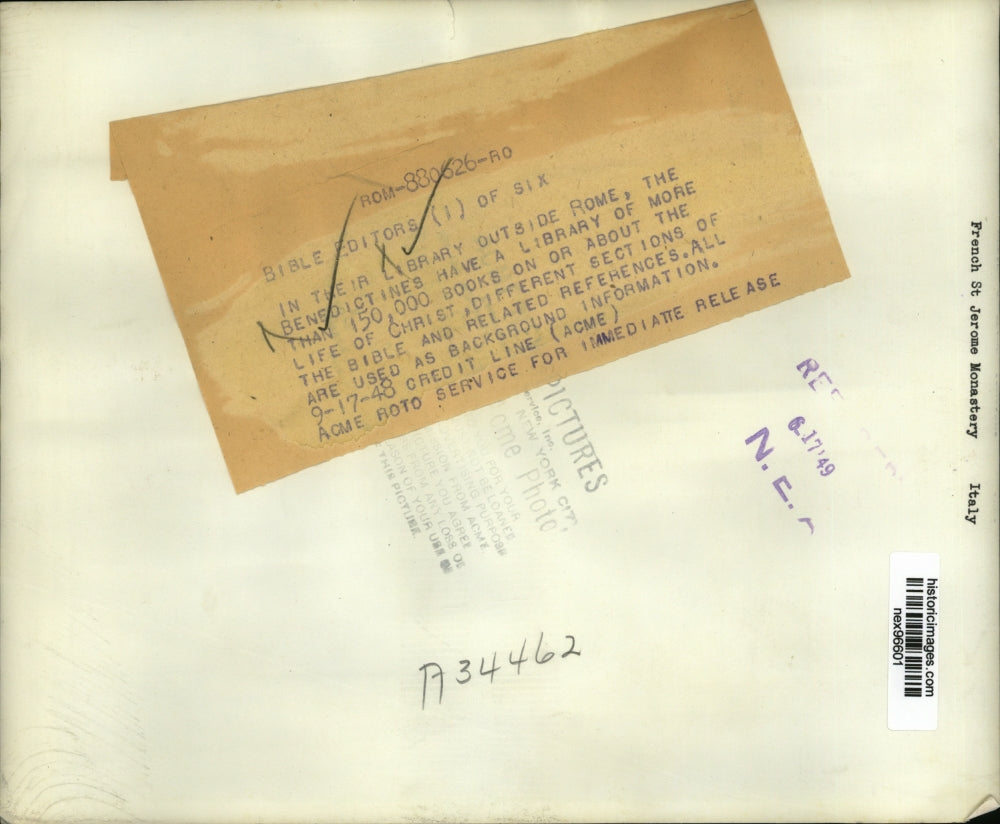 1949 Press Photo Library Outside Rome Benedictines of More than 150,000 Books