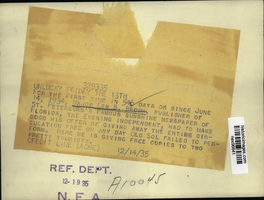 1935 Press Photo Major Lew B Brown Publisher of St Petersburgh Sunshine Paper