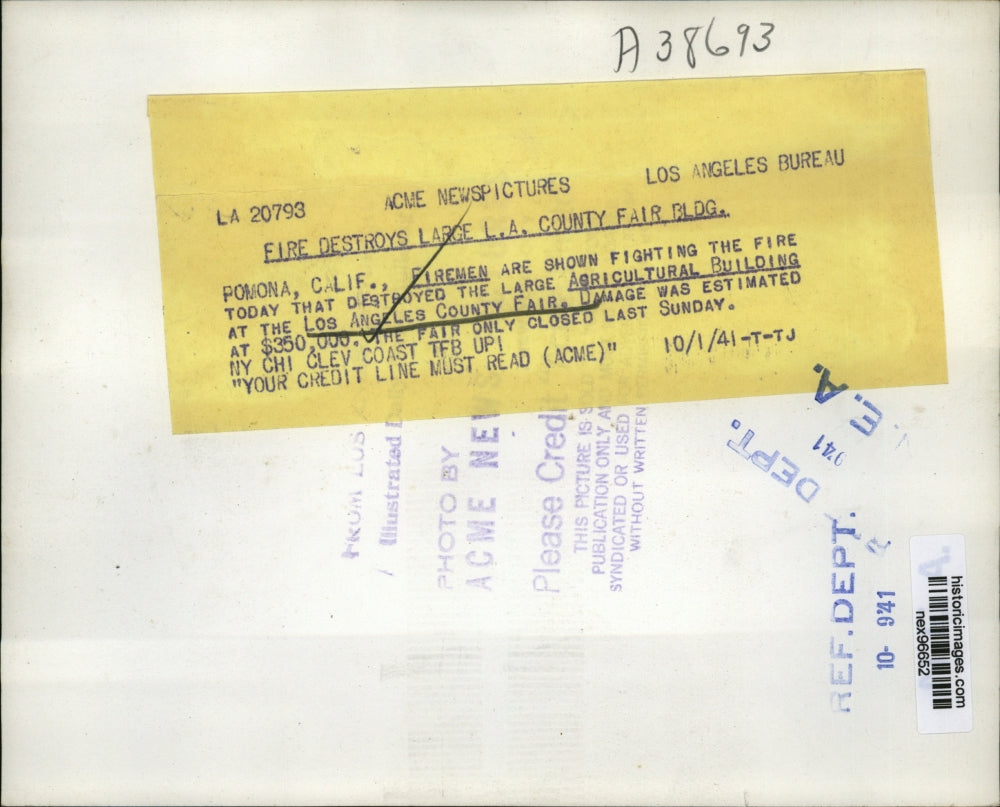 1941 Press Photo Firemen at Agricultural Building at LA County Fair Grounds