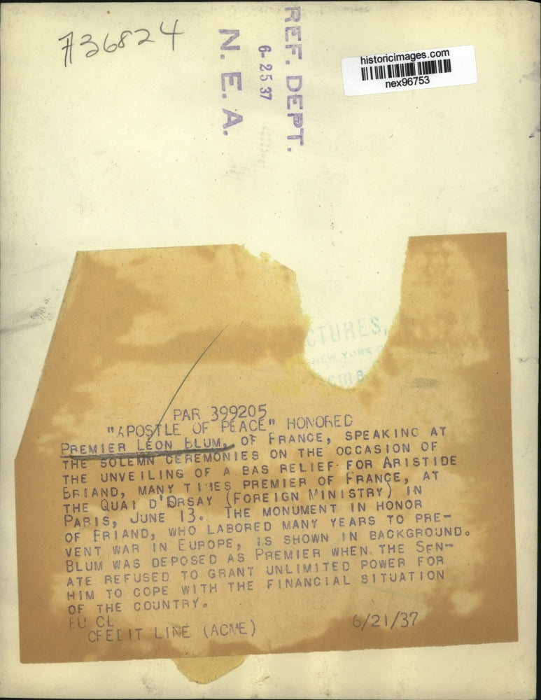 1937 Press Photo Premier Leon Blum at Unveiling of Aristide Briand Bas Relief