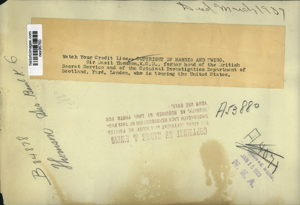 1923 Press Photo Sir Basil Thompson Formerly of British Secret Service