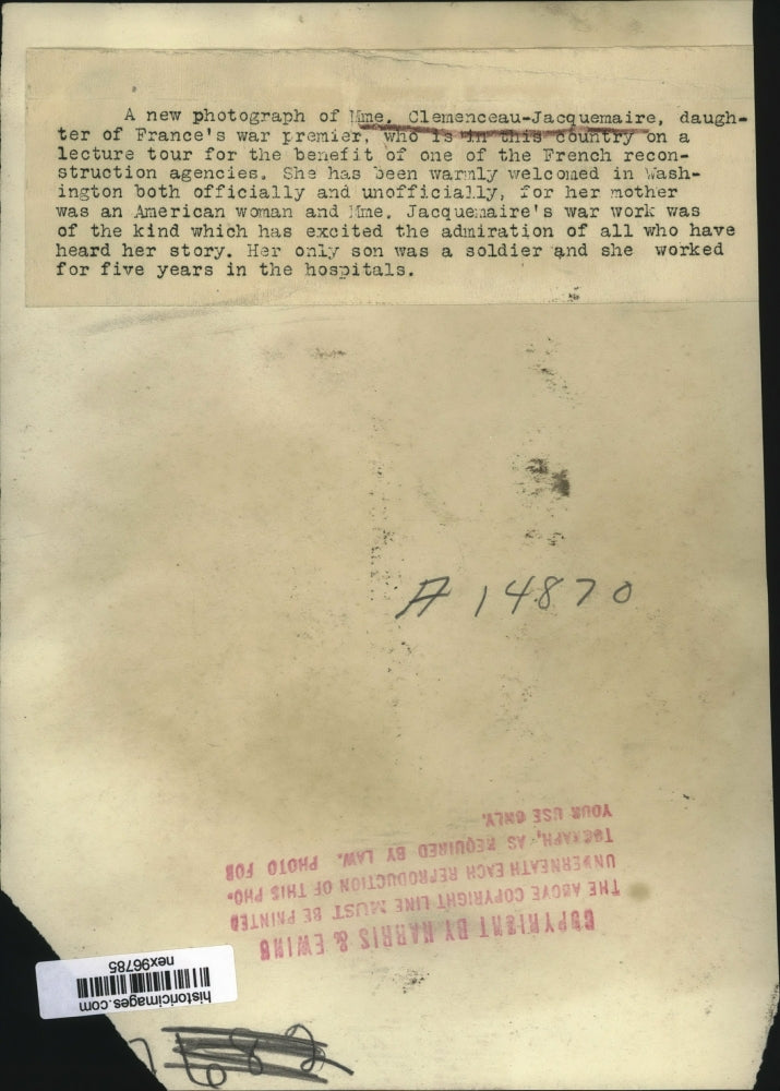 Press Photo Madame Clemenceau Jacquemaire Daughter of French War Premier