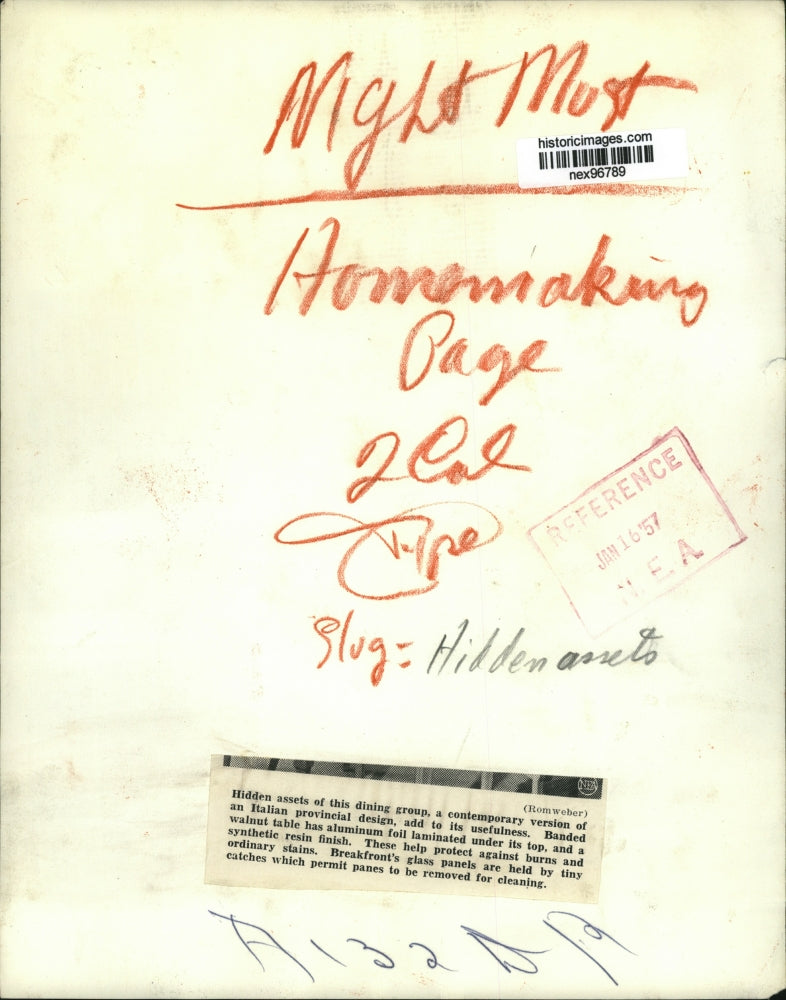 1957 Press Photo Banded Walnut Table of Italian Provincial Design Resin Finish