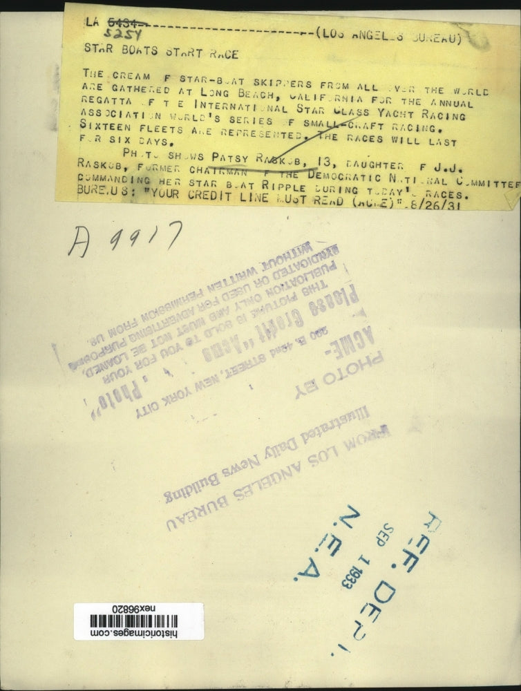 1931 Press Photo Patsy Raskos Age 13 Commanding her Star Boat Ripple in Race