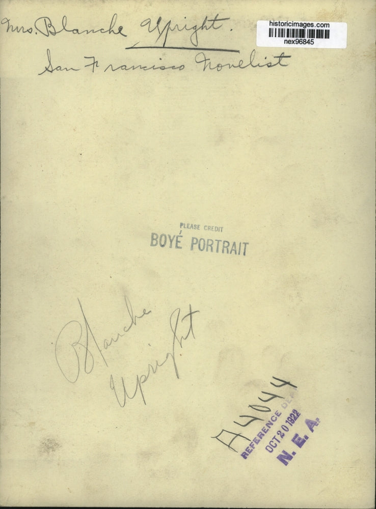 1922 Press Photo Mrs Blanche Uprught San Francisco Novelist - nex96845