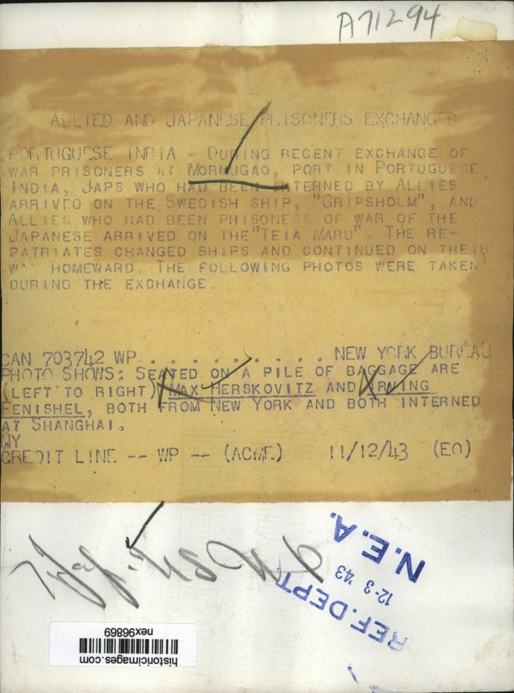 1943 Press Photo Max Herskovitz & Irving Fenishel Part Prisoner Japan Exchange