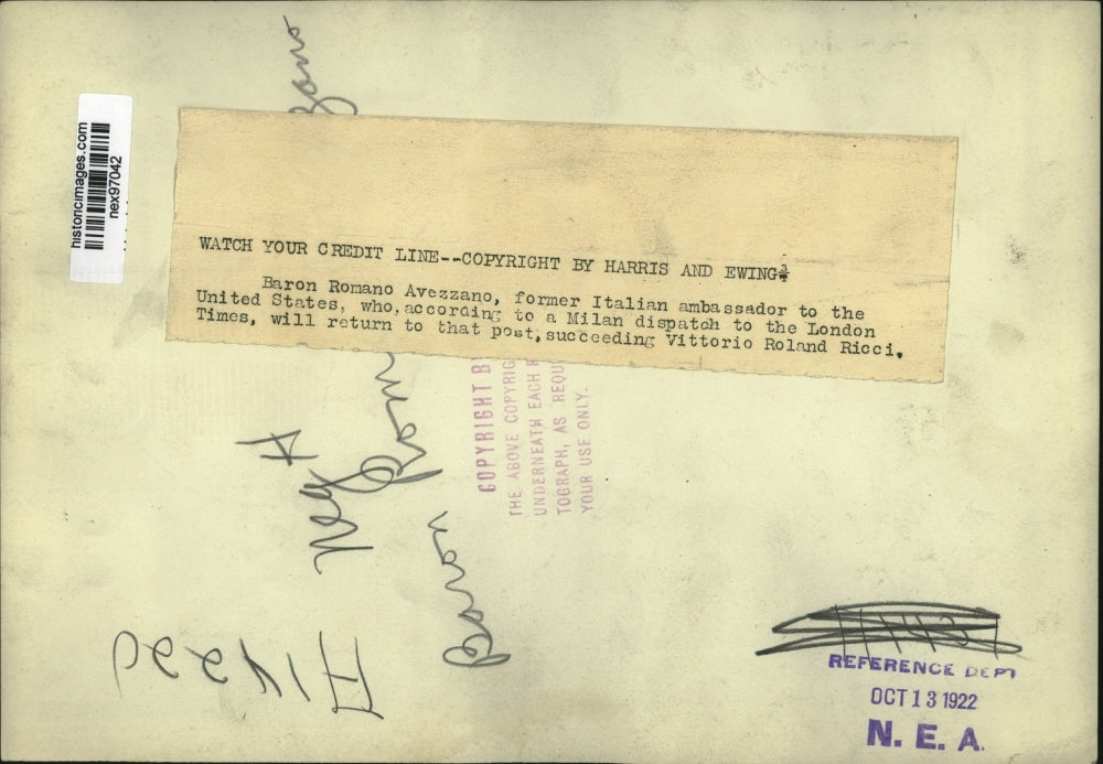 1922 Press Photo Baron Romano Avezzano Former Italian Ambassador to US