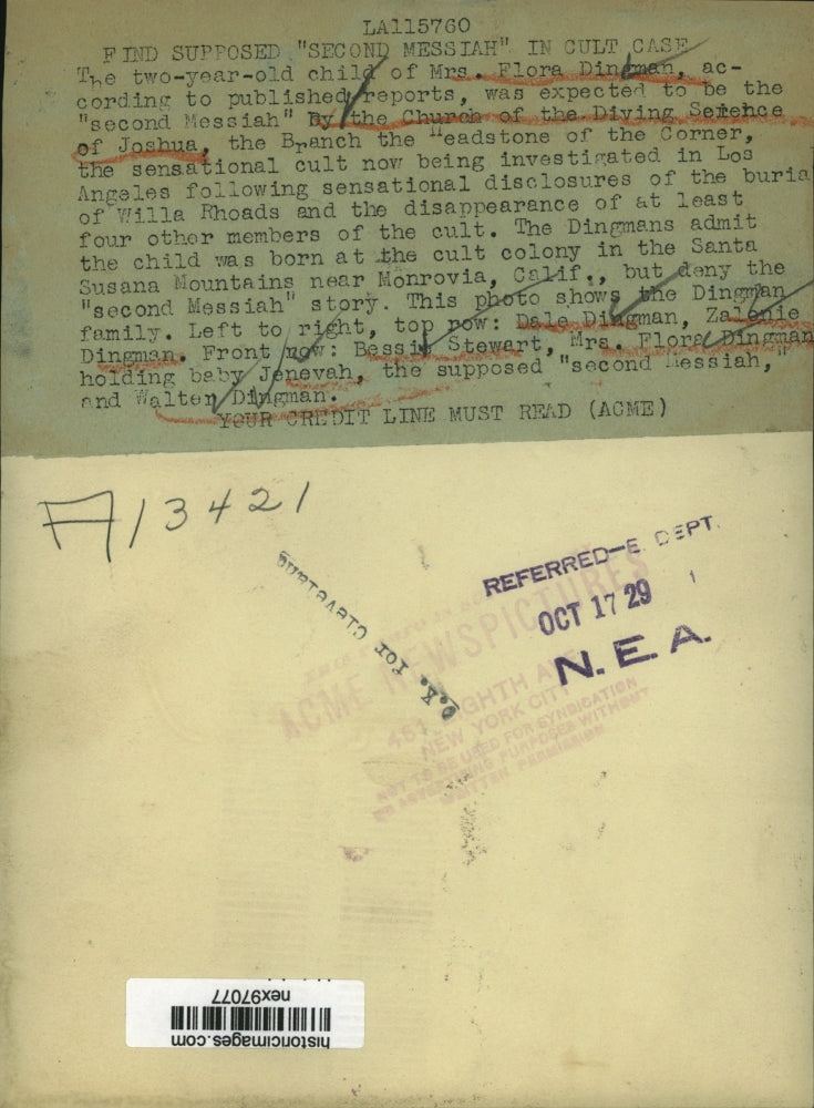 1929 Press Photo Church of Divine Sentence of Joshua Claim 2 Year Old 2nd Messia