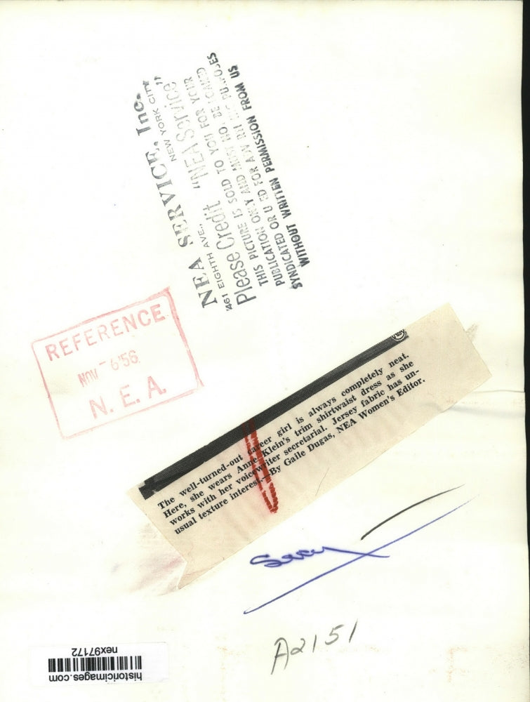 1956 Press Photo Anne Klein's Trim Shirtwaist Dress in Jersey Fabric