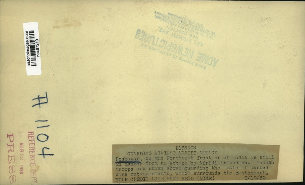 1930 Press Photo Indian Troops Guard Against Afridi Attack in Peshawar India