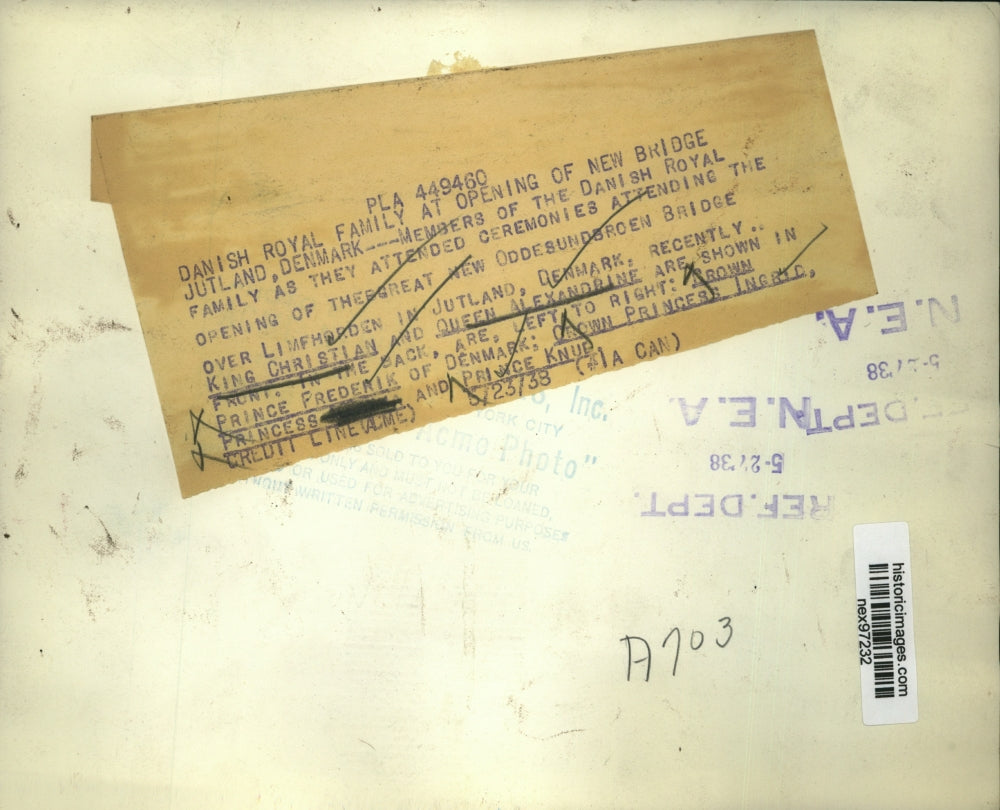 1938 Press Photo King Christian Queen Alexandrine Oddesundbroen Bridge Opening