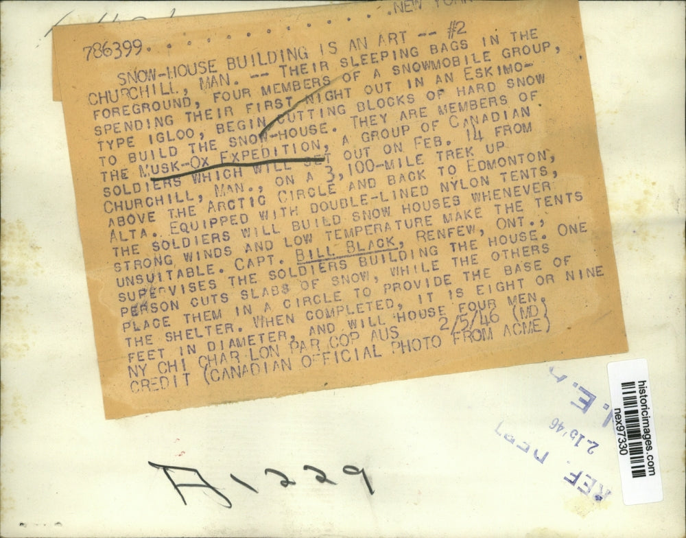 1946 Press Photo Musk Ox Expedition Bill Black and Crew Build Igloos Manitoba