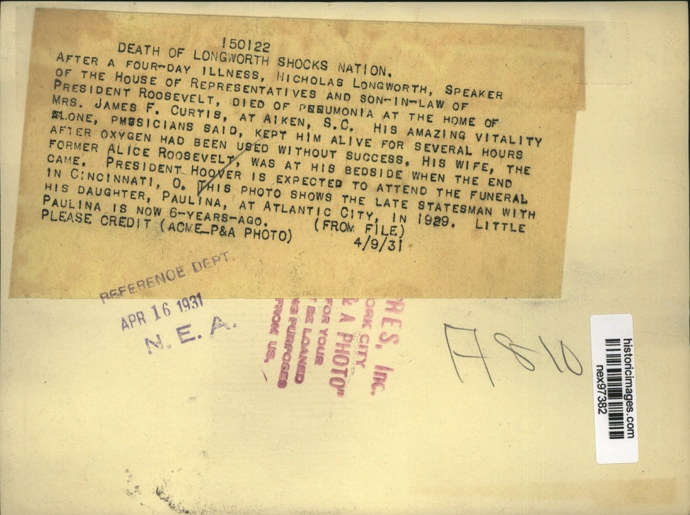 1931 Press Photo Nicholas Longworth Dies of Pneumonia Paulina Longworth