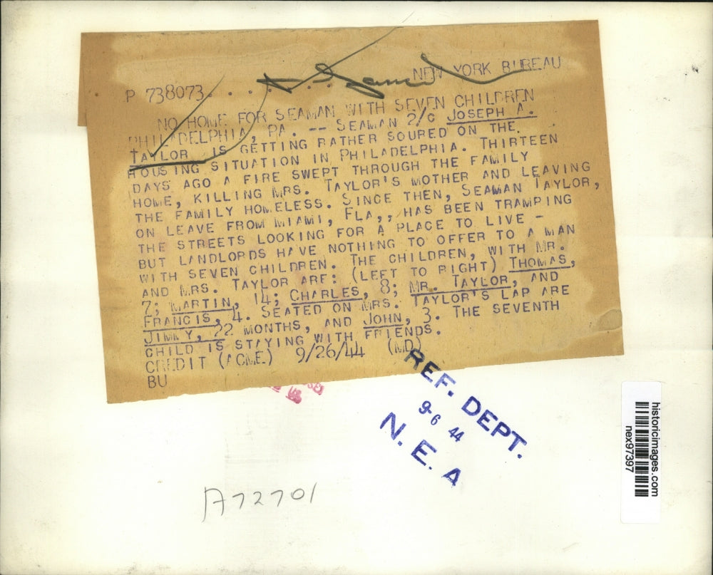 1944 Press Photo Joseph A Taylor Seaman's Wife Dies Left with 7 Children