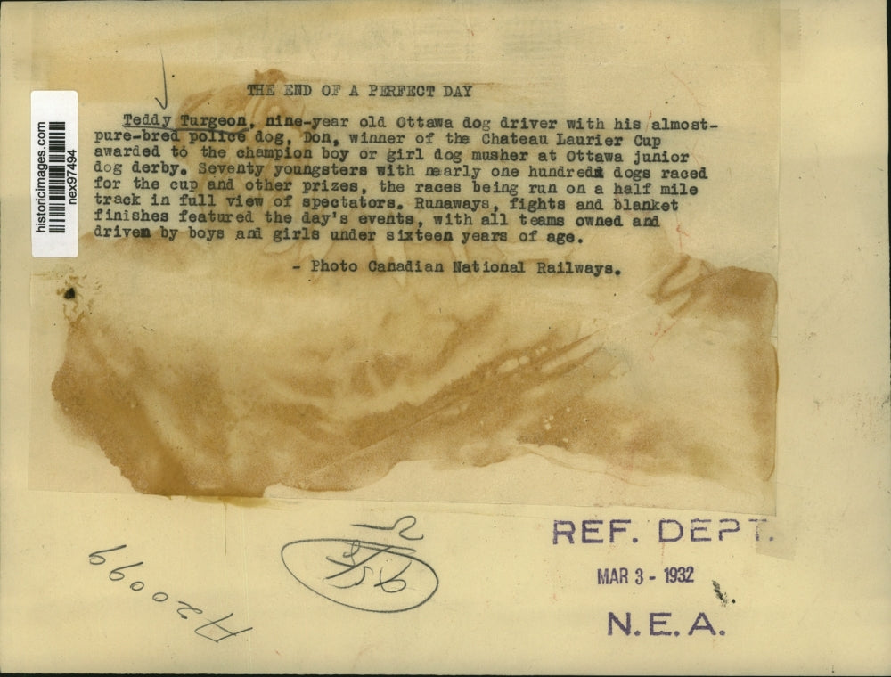 1932 Press Photo Teddy Turgeon Age 9 Ottawa Dog Driver & Police Dog Don