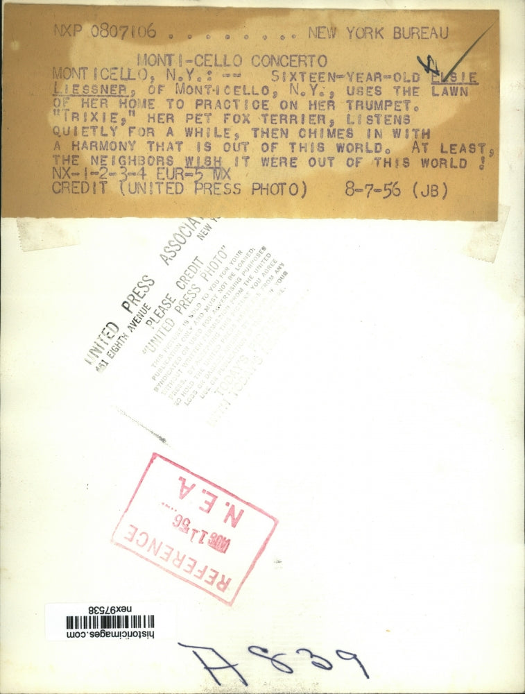 1956 Press Photo Elsie Liessner Practicing The Trumpet & Her Dog Trixie